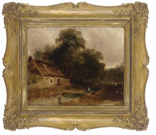 Edward Charles Williams - Figures on a bridge before a cottage