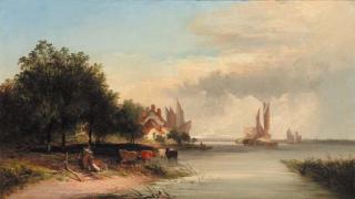 Edward Charles Williams - Figures resting by a cottage in an extensive river estuary landscape