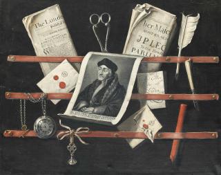 Edward Collier - A trompe l\'oeil of letters, an engraving after a portrait of Erasmus of Rotterdam (1466-1536), a quill, a pocket-watch, a stick of red wax and other objects