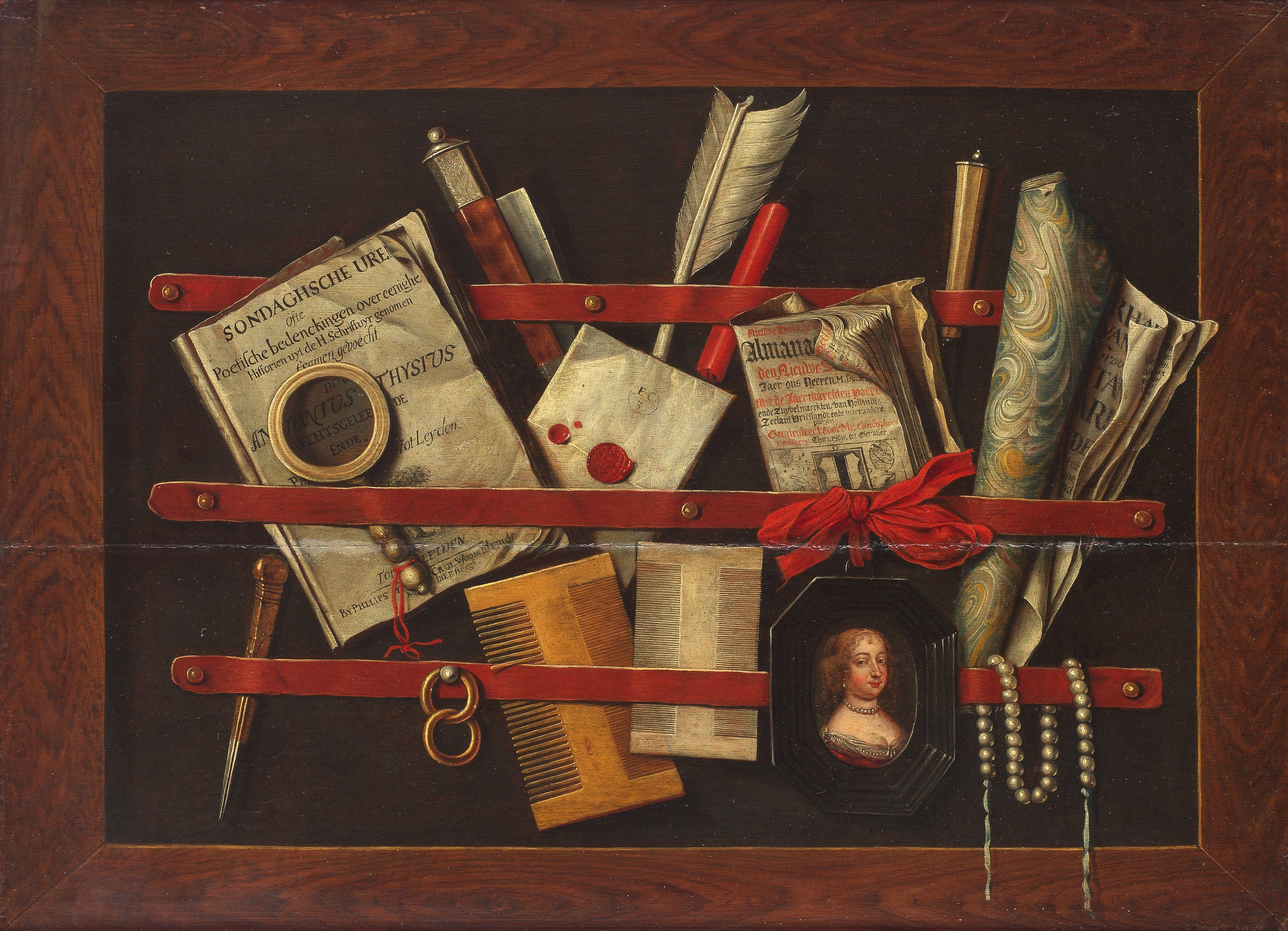 Edward Collier - A trompe l\'oeil still life of a framed letter rack with a copy of Antony Thysius\'s Sondaghsche uren, a letter, a Delft Almanac, two combs, a quill, a portrait miniature and other objects