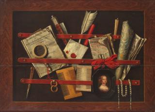 Edward Collier - A trompe l\'oeil still life of a framed letter rack with a copy of Antony Thysius\'s Sondaghsche uren, a letter, a Delft Almanac, two combs, a quill, a portrait miniature and other objects