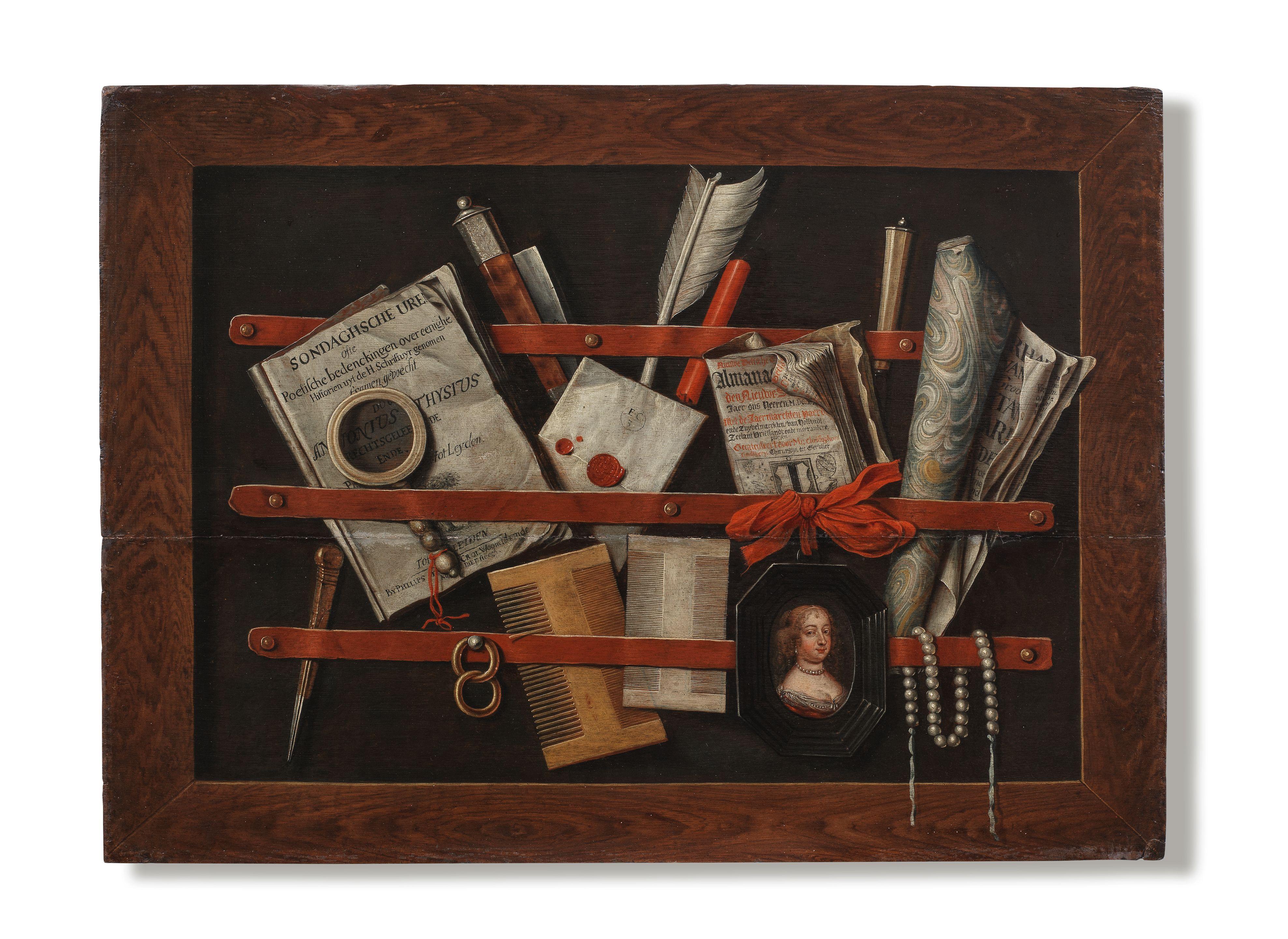 Edward Collier - A trompe l\'oeil still life of a framed letter rack with a copy of Antony Thysius\'s Sondaghsche uren, a letter, a Delft Almanac, two combs, a quill, a portrait miniature and other objects,