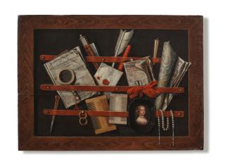 Edward Collier - A trompe l\'oeil still life of a framed letter rack with a copy of Antony Thysius\'s Sondaghsche uren, a letter, a Delft Almanac, two combs, a quill, a portrait miniature and other objects,