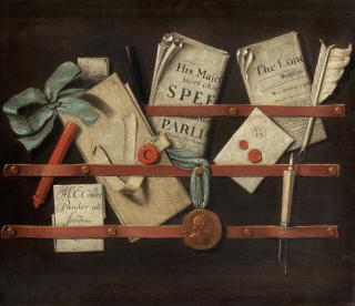 Edward Collier - A trompe l\'oeil still life of a letter rack with a quill pen, pamphlets, sealing wax and various papers
