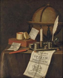 Edward Collier - A Vanitas Still-Life With A Globe, An Inkstand, A Candle, A Pot Of Seals, A Book And A Manuscript On A Draped Table