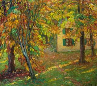 Edward Cucuel - A house in a sunlit woodland clearing