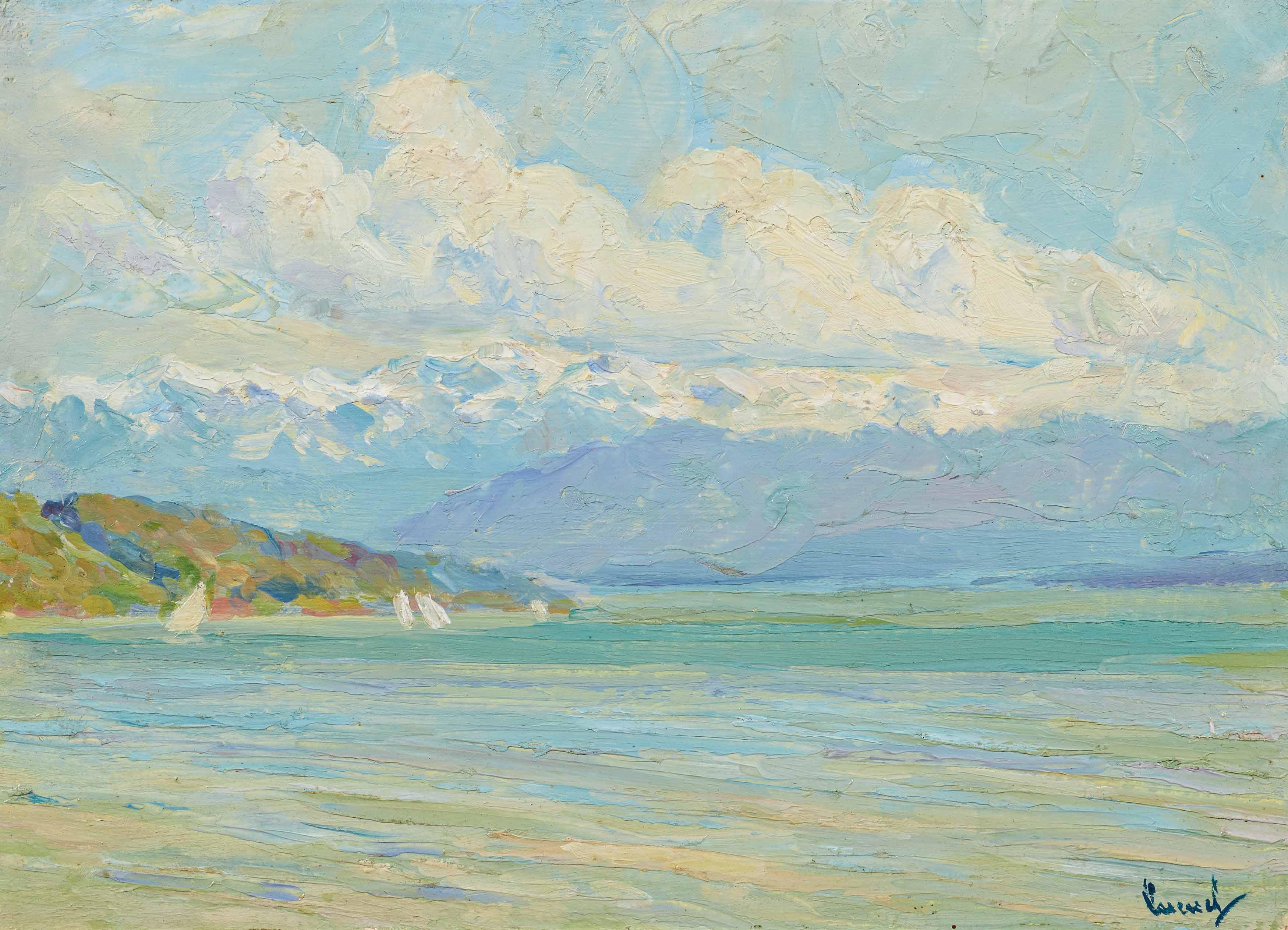 Edward Cucuel - Blick über den Starnberger See auf die Berge.