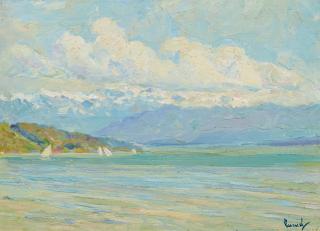 Edward Cucuel - Blick über den Starnberger See auf die Berge.