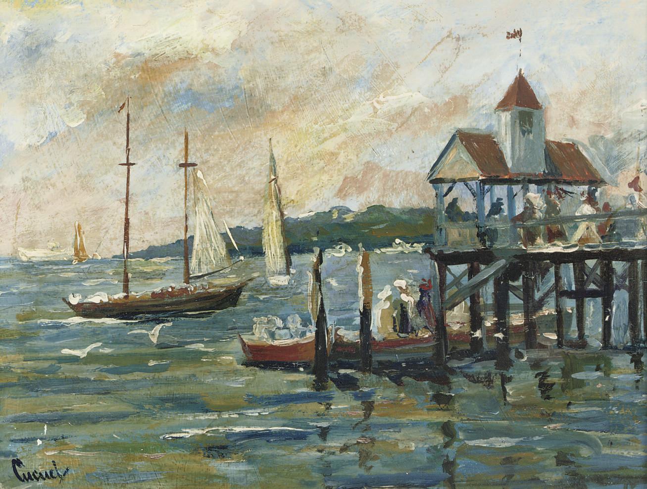 Edward Cucuel - Boats by a pier