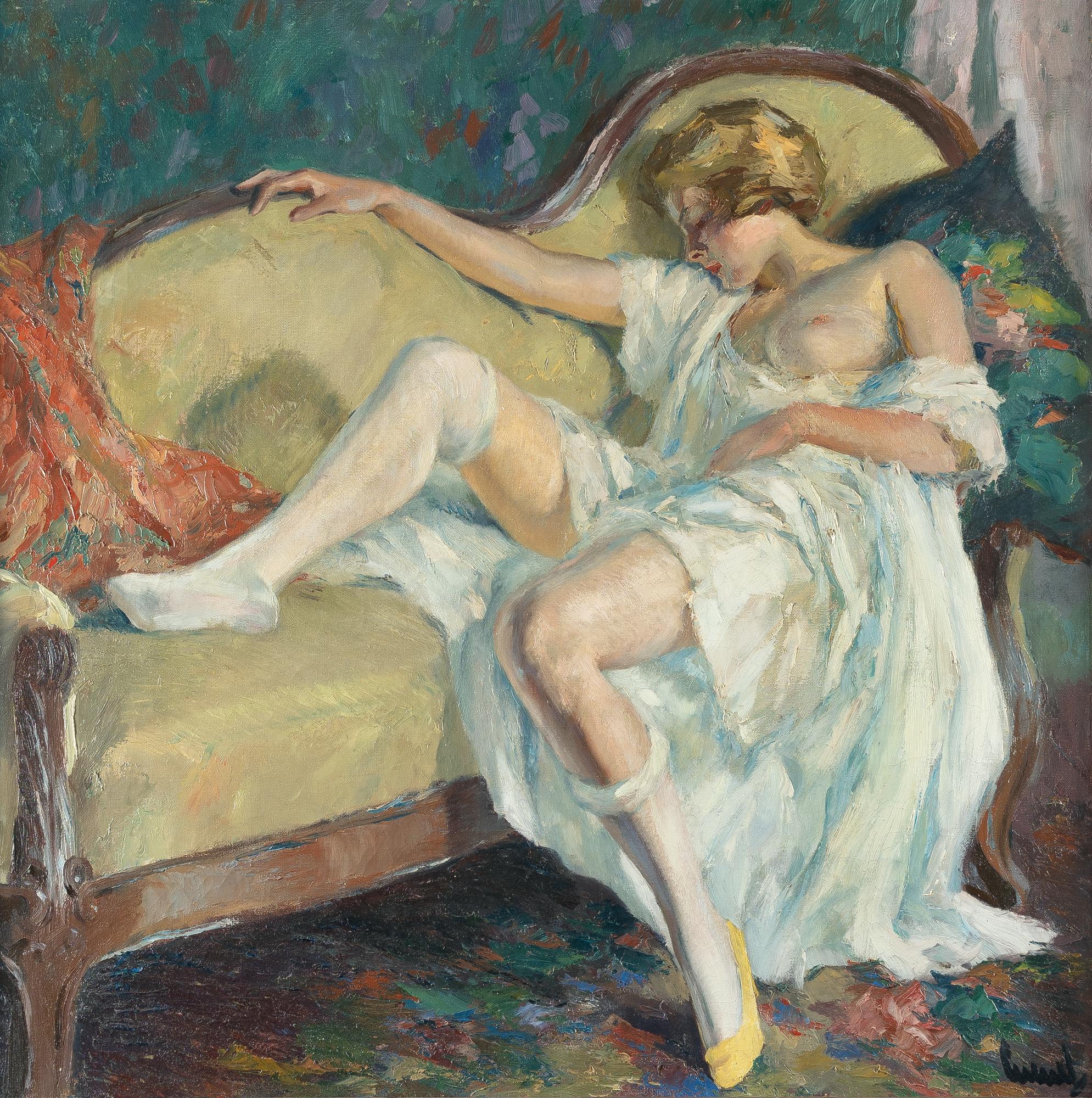 Edward Cucuel - „Müde“ (Schlafende Dame auf grünem Sofa)