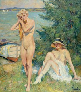 Edward Cucuel - Zwei badende Frauen am See