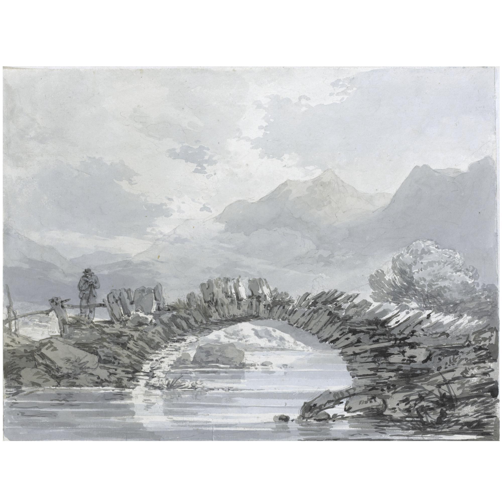 Edward Dayes - A Man Resting By A Bridge With Hills Beyond  