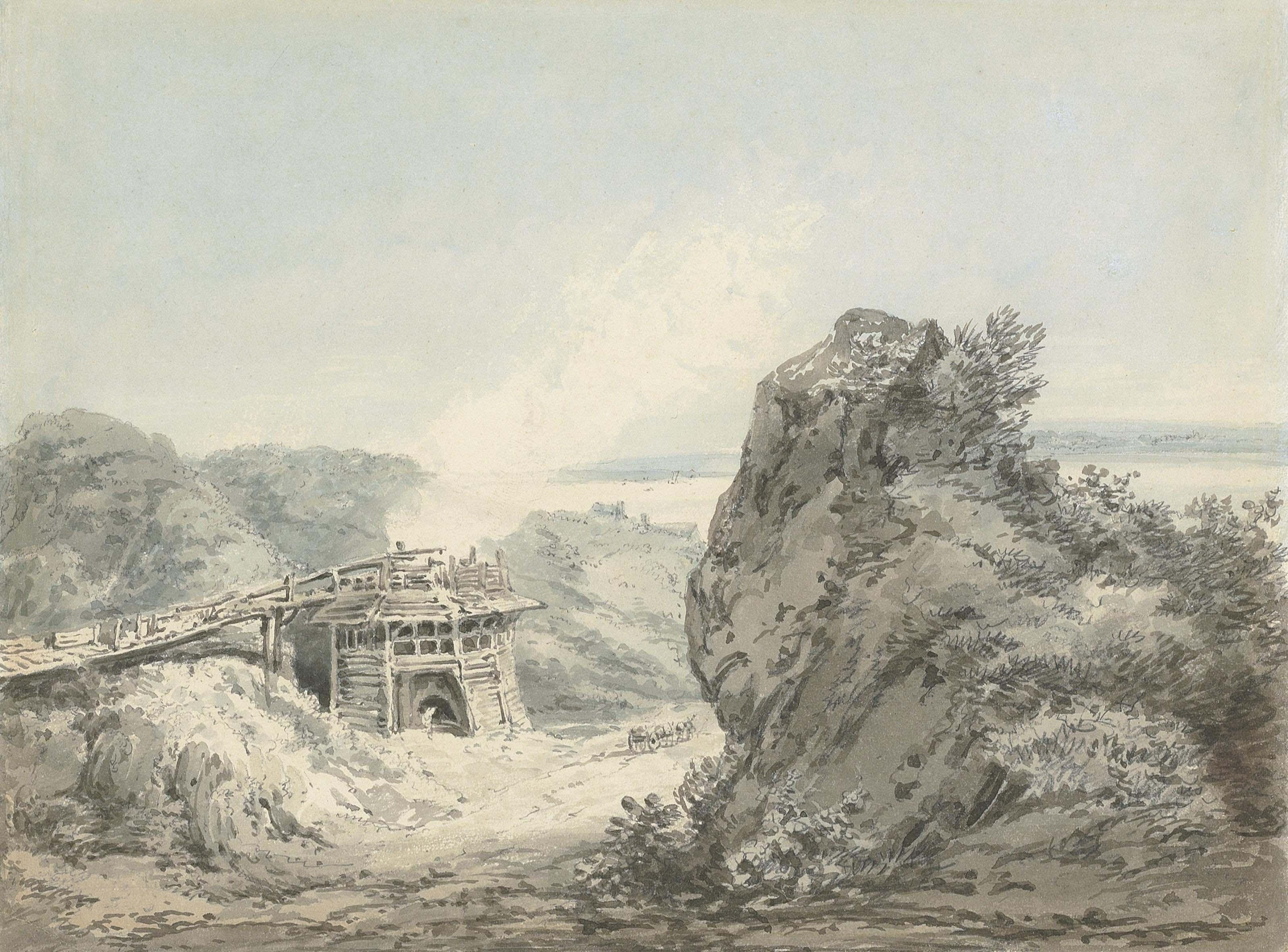 Edward Dayes - Horses pulling a cart past a lime kiln, boats at sea beyond