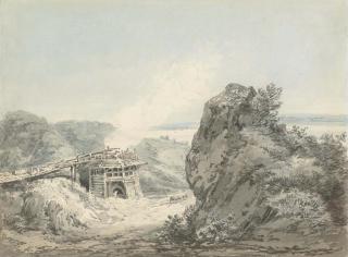 Edward Dayes - Horses pulling a cart past a lime kiln, boats at sea beyond