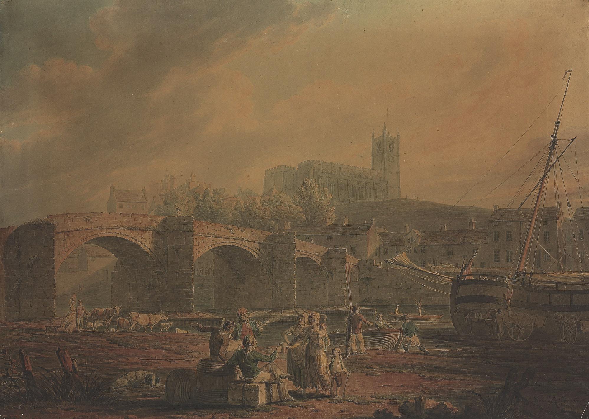 Edward Dayes - Lancaster seen from the old bridge over the river Lore, parish church and old castle on the far side, evening