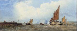 Edward Duncan, R.W.S. - A view on the Thames with a haybarge and boats