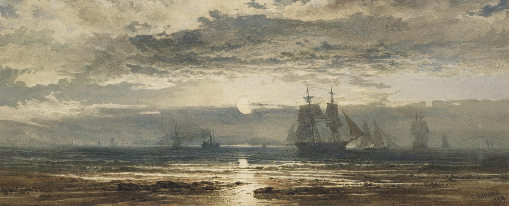 Edward Duncan, R.W.S. - Moonlight: ships that pass in the night