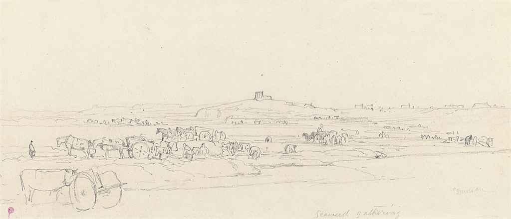 Edward Duncan - Sketches in Jersey and Guernsey, including: Seaweed gathering; Rozel Bay; Elizabeth Castle; and Moorings