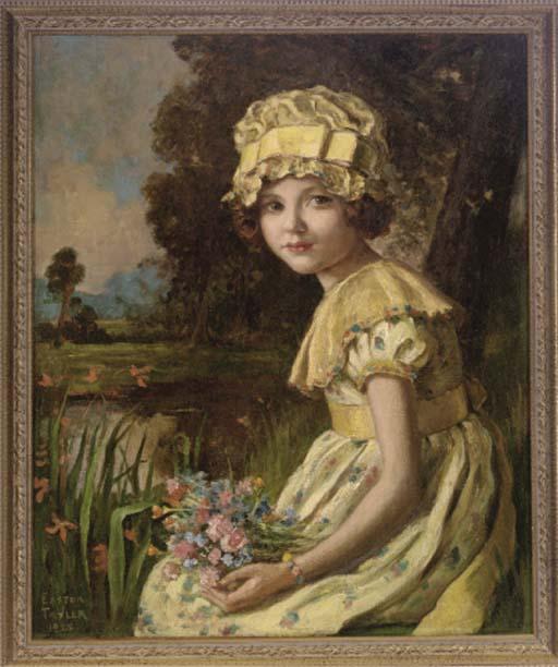 Edward Easton Tayler - Portrait of Eila Jeanette Rimmington (1921-1994), seated half-length, in a yellow dress and bonnet, flowers in her lap beside a river