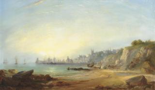 Edward F. D. Pritchard - Figures on the beach at sunset, a coastal town beyond