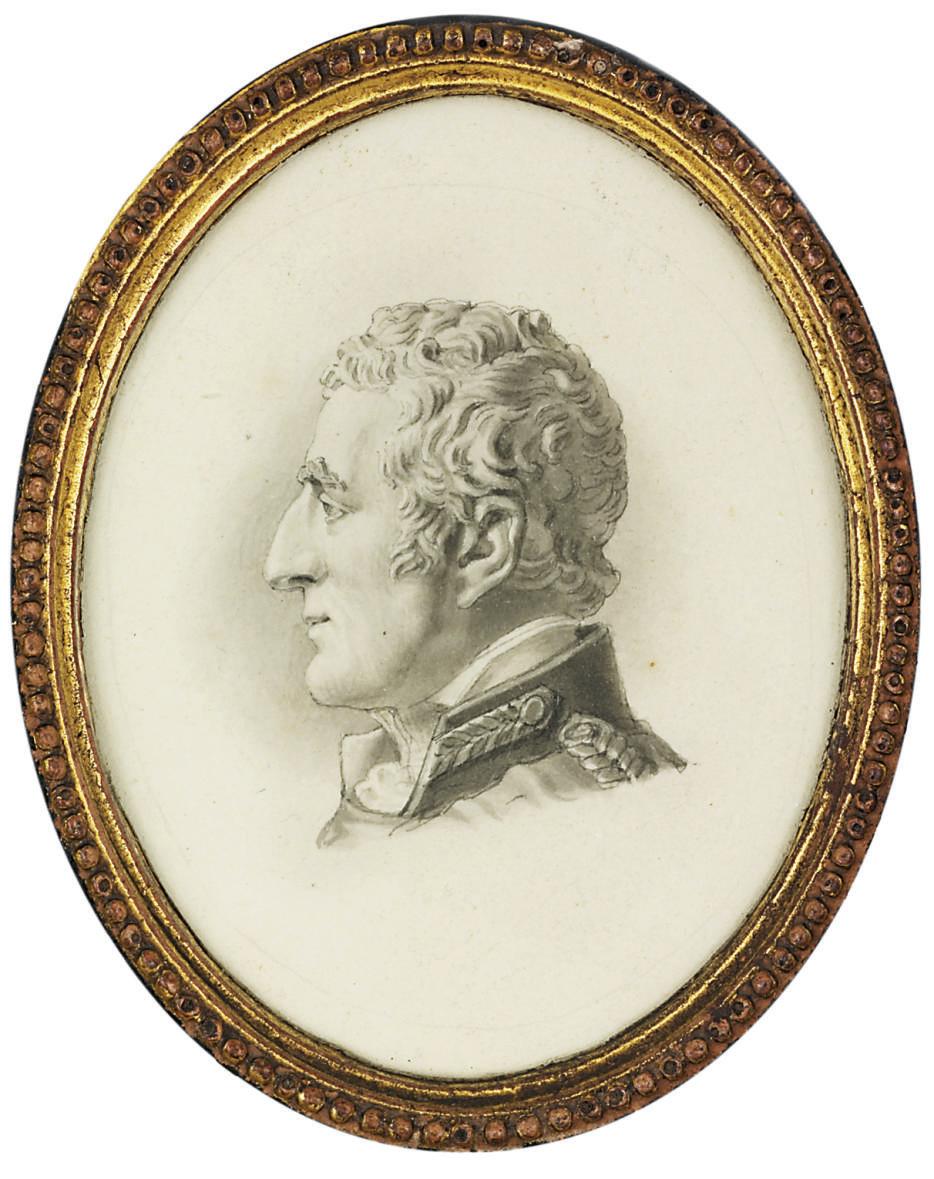 Edward Francis Burney - Arthur Wellesley, 1st Duke of Wellington (1769-1852), en grisaille in major-general uniform, gold braid embellishing the collar and his left shoulder