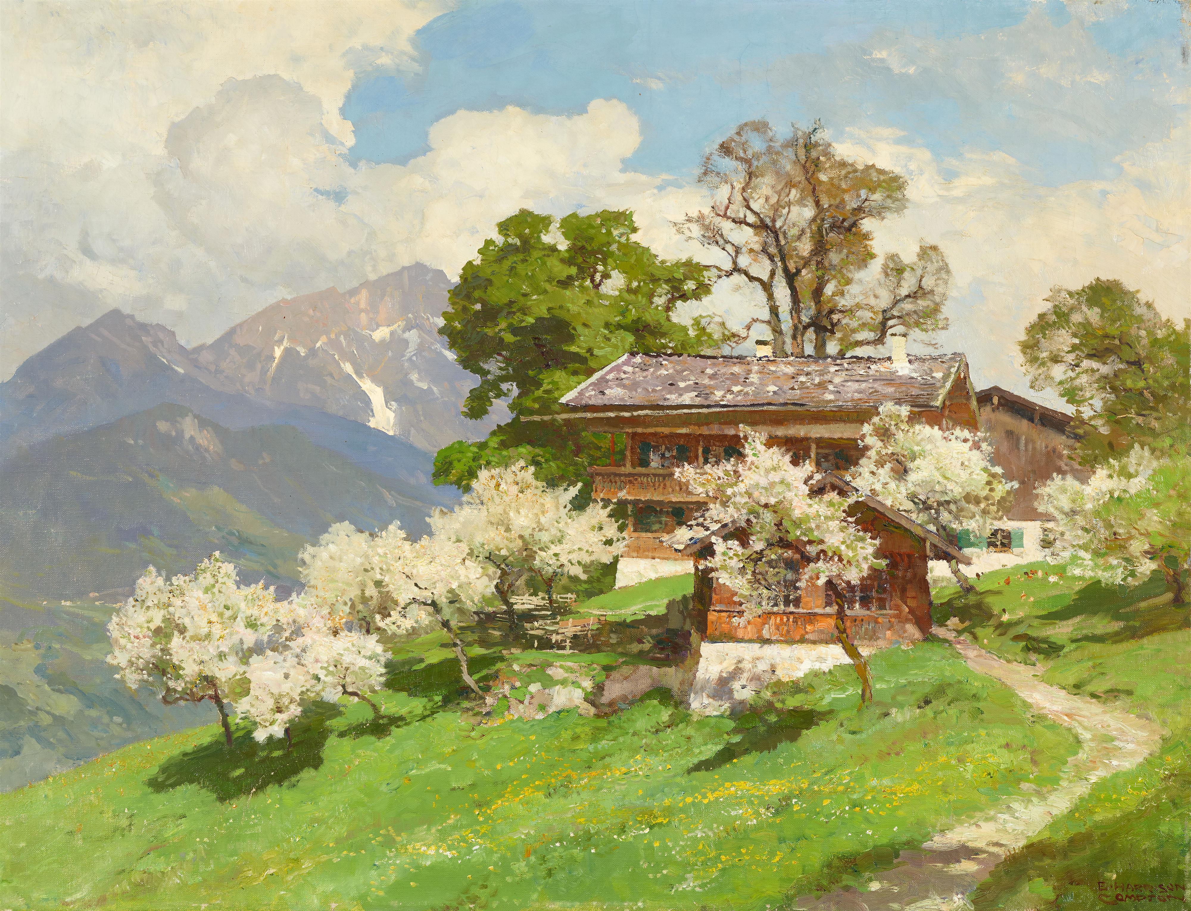 Edward Harrison Compton - Bauernhaus mit blühenden Obstbäumen