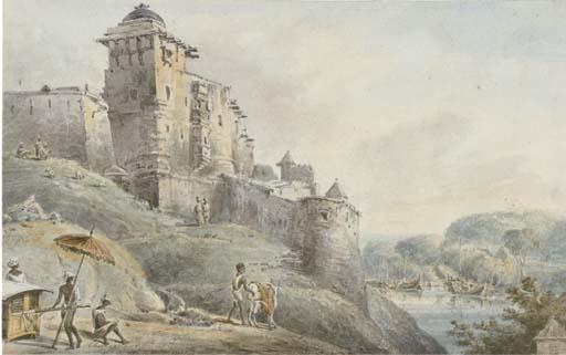 Edward Hawke Locker - Views of India\' Chunarghur; Gouree Shemhee Parbuttee, Bykontpour, Patna; Hindu temple at the entrance of Nullah, leading to the Secrole, Benares; and Motijarna or Shower of Pearls, Sakrigali, Rajmahal Hills on the Ganges