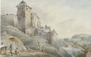 Edward Hawke Locker - Views of India\' Chunarghur; Gouree Shemhee Parbuttee, Bykontpour, Patna; Hindu temple at the entrance of Nullah, leading to the Secrole, Benares; and Motijarna or Shower of Pearls, Sakrigali, Rajmahal Hills on the Ganges