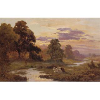 Edward Henry Holder - Cattle Grazing At Sunset; Fishing On The River