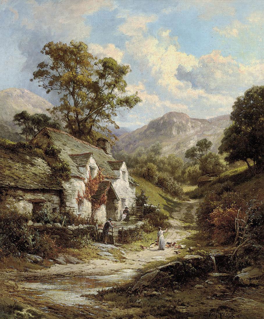 Edward Henry Holder - Figures and chickens before a country cottage