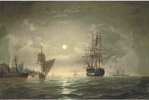 Edward Hoyer - An armed merchantman and other shipping in the Bosphorous off Constantinople, by moonlight