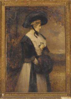 Edward Hughes - Portrait of a lady, standing three-quarter-length, in a white dress and black shawl and hat, a rose to her corsage, her hands in a fur muff, in a landscape