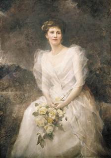Edward Hughes - Portrait of Lucy Celia Ashton (neé Dunn-Gardiner) later Countess of Scarbrough, standing three-quarter-length, in a white decollate dress, with a pearl necklace, holding a spray of yellow roses, in a landscape