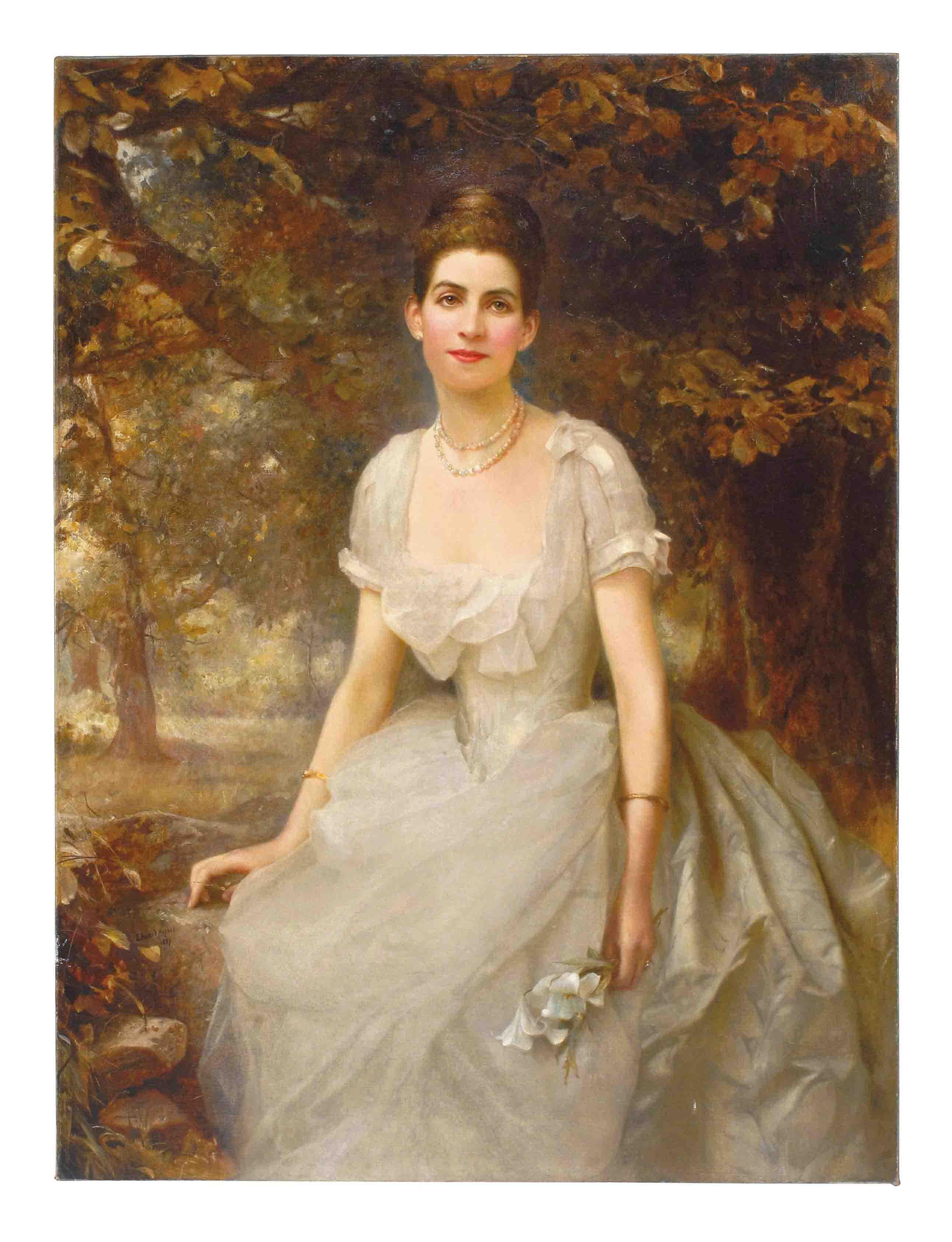Edward Hughes - Portrait of Vere Monckton-Arundell, seated three-quarter-length, in a white evening dress holding lilies in a landscape