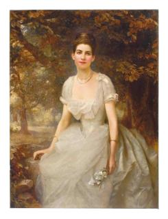 Edward Hughes - Portrait of Vere Monckton-Arundell, seated three-quarter-length, in a white evening dress holding lilies in a landscape