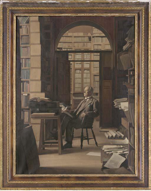 Edward Irvine Halliday, P.R.B.A., P.R.P., A.R.C.A. - Portrait of Thomas Fitzroy Phillipps Fenwick Esq., seated full-length, in the library at Thirlestane House
