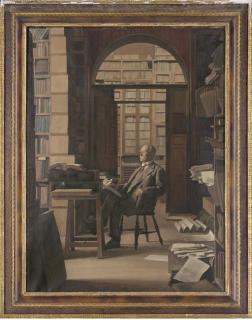 Edward Irvine Halliday, P.R.B.A., P.R.P., A.R.C.A. - Portrait of Thomas Fitzroy Phillipps Fenwick Esq., seated full-length, in the library at Thirlestane House