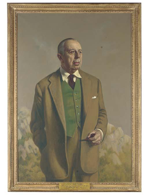 Edward Irvine Halliday, P.R.B.A., R.P. - Portrait of Ronald Olaf Hambro in a country suit, standing