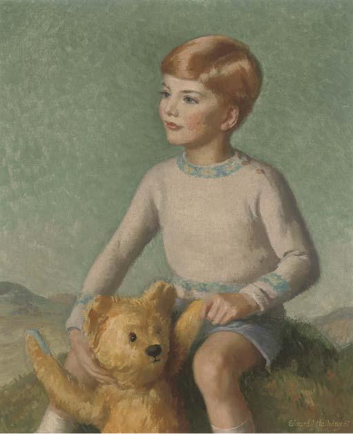 Edward Irvine Halliday - Portrait of a boy, seated three-quarter-length, with a teddy-bear, an extensive landscape beyond
