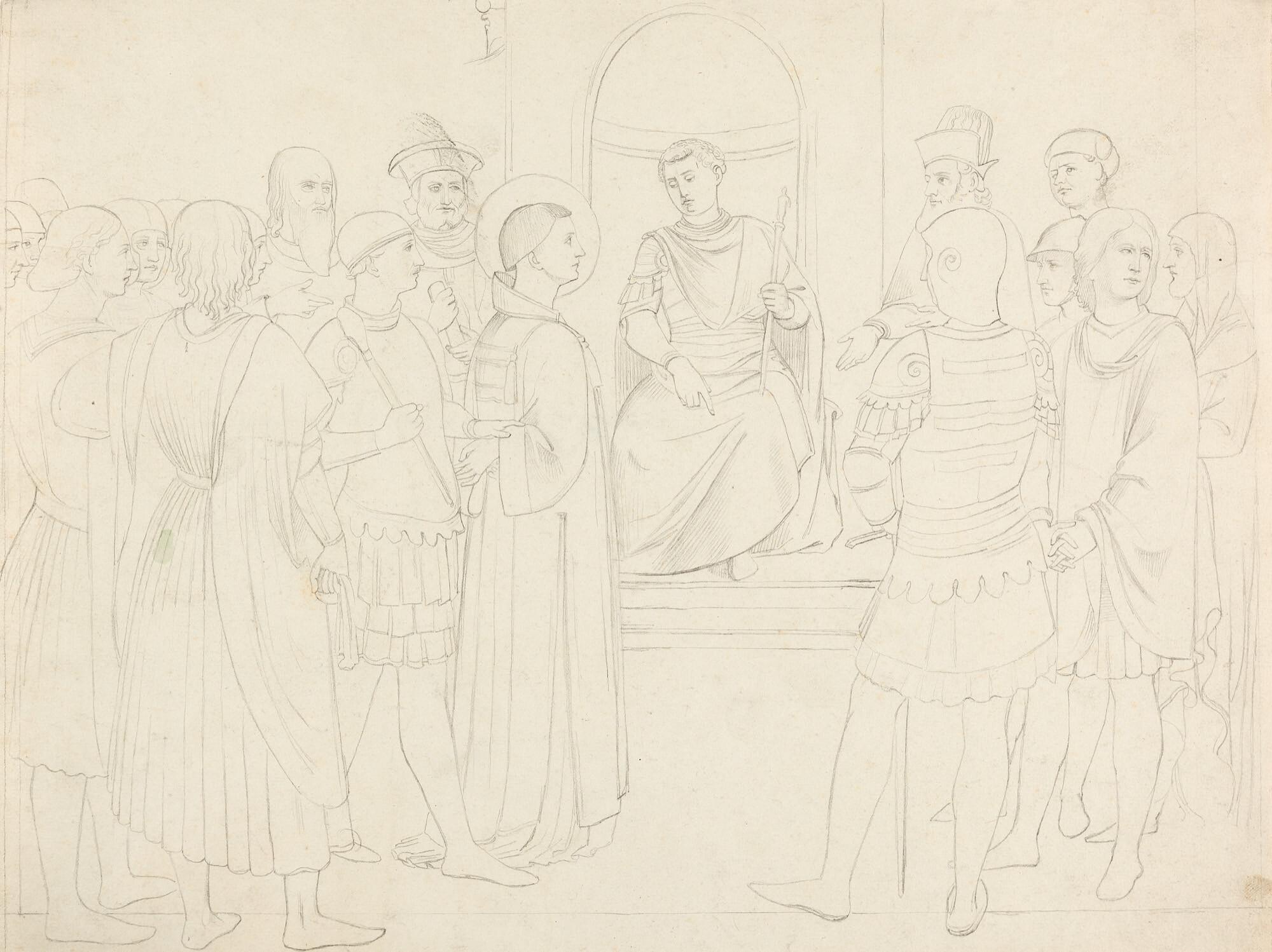 Edward Jakob von Steinle - 2 Bll.: Heiliger vor Herrscherthron – „Geschichte Teutschlands“.