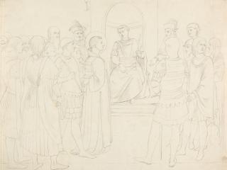 Edward Jakob von Steinle - 2 Bll.: Heiliger vor Herrscherthron – „Geschichte Teutschlands“.