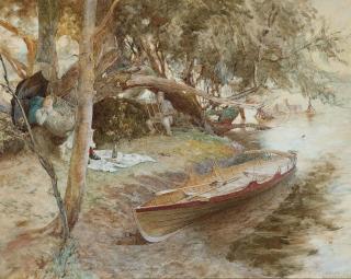 Edward John Gregory, R.A., P.R.I. - A summer idyll: An artist sketching a young girl asleep in a hammock on the banks of a river