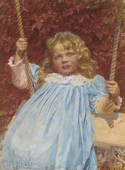 Edward John Gregory, R.A. - Portrait of Aline Henderson, three-quarter length, in a blue dress, seated on a swing