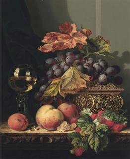 Edward Ladell - A glass of white wine, peaches, grapes, raspberries and leaves, on a carved wooden ledge