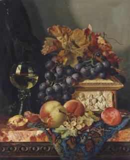 Edward Ladell - A Glass Of Wine, Grapes, Peaches, White Currants, And An Ivory Box, On A Marble Ledge