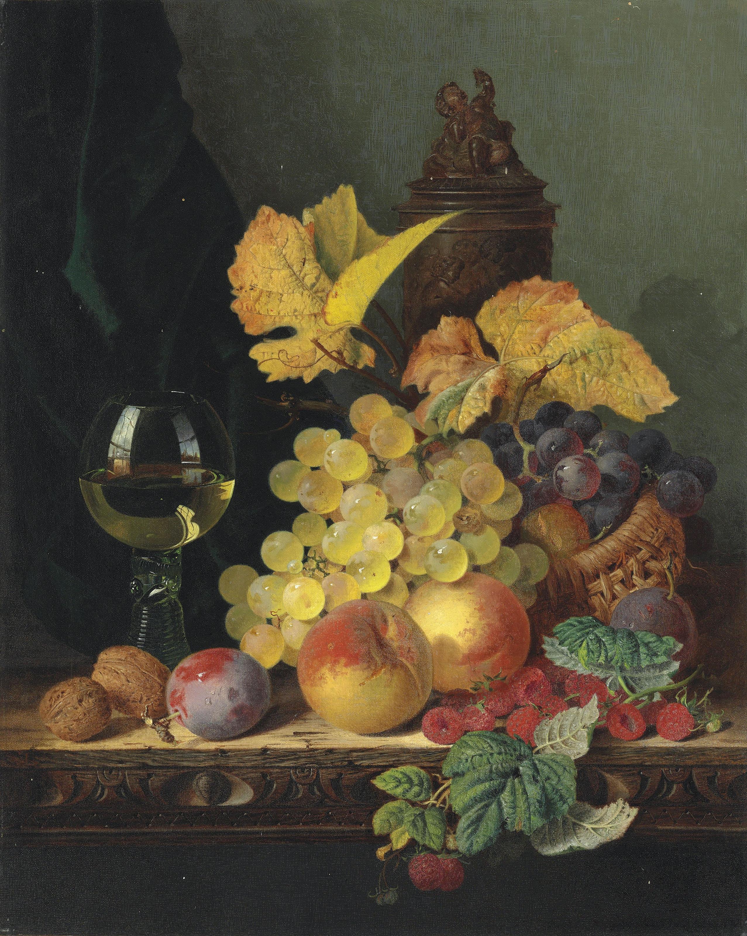 Edward Ladell - A Roemer, Grapes, Peaches, Plums, Raspberries And Walnuts On A Wooden Ledge