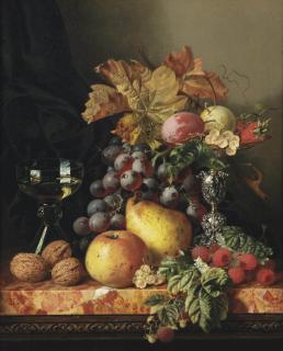 Edward Ladell - A still life with a pear, an apple, walnuts and various other fruits