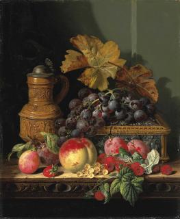 Edward Ladell - A Tankard With A Casket, Grapes, Plums, Raspberries, Whitecurrants And A Peach, On A Wooden Ledge
