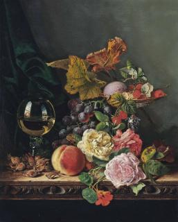 Edward Ladell - Cobnuts, A Roemer, A Peach, Roses, Nasturtiums, Raspberries, A Speckled Egg, Black Grapes, White Currants, And A Tazza, On A Carved Wooden Ledge