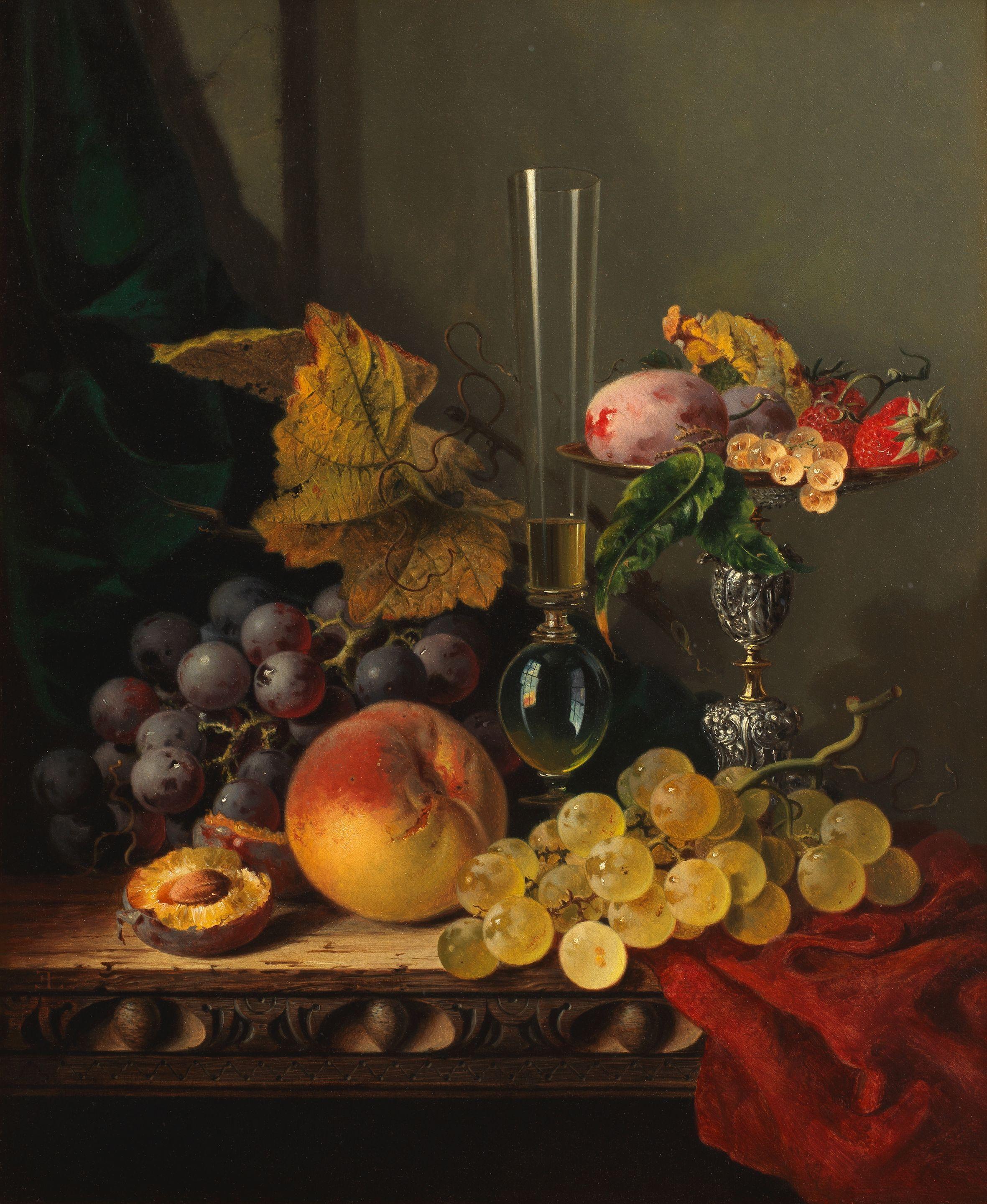 Edward Ladell - Fruit on a tazza with grapes, a peach and a wine glass